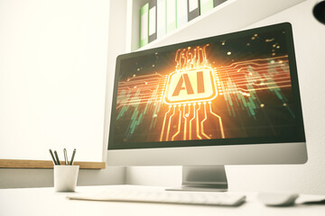 Poster - Creative artificial Intelligence symbol concept on modern laptop screen. 3D Rendering