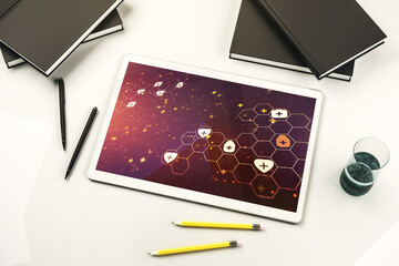 Sticker - Creative concept of abstract medical illustration on modern digital tablet screen. Medicine and healthcare concept. Top view. 3D Rendering