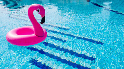 Flamingo plastic. Pink inflatable flamingo in pool water for beach background. Trendy summer concept.