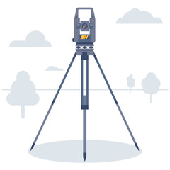 geodetic instrument in a field with trees. cadastral equipment. theodolite. vector illustration