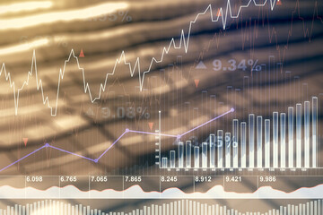 Poster - Abstract virtual financial graph hologram on blurry abstract metal background, forex and investment concept. Multiexposure