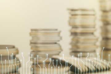 Poster - Abstract virtual micro circuit sketch on growing coins stacks background, future technology and AI concept. Double exposure