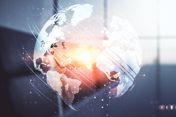 Poster - Abstract creative digital world map on a modern coworking room background, globalization concept. Multiexposure