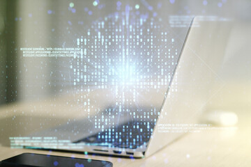 Poster - Creative code skull sketch on modern laptop background, theft of personal data and malware concept. Multiexposure