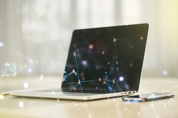 Poster - Creative abstract technology sketch on modern laptop background, future technology and AI concept. Double exposure