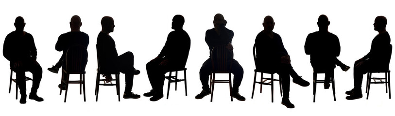 large group of silhouette of the same man sitting various poses