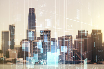 Poster - Multi exposure of stats data illustration on San Francisco city skyline background, computing and analytics concept