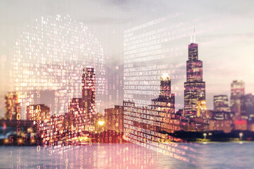 Poster - Abstract virtual code skull hologram on Chicago cityscape background, cybercrime and hacking concept. Multiexposure