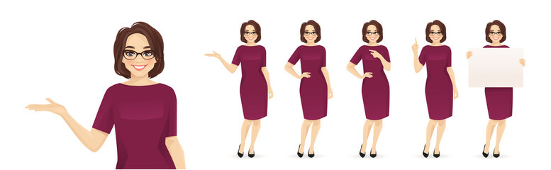 Elegant mature business woman in different poses set. Various gestures pointing, showing, standing, holding empty blank board isolated vector illustration