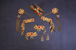 Chinese traditional hairpins hair clips on a grey concrete background. Traditional Chinese women's jewelry, gold hairpins with red gems