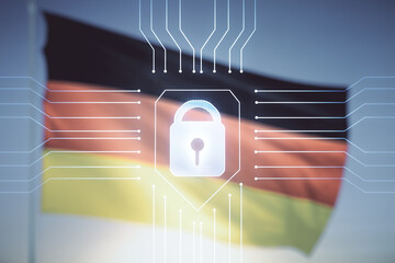 Poster - Virtual creative lock symbol and microcircuit illustration on flag of Germany and sunset sky background. Protection and firewall concept. Multiexposure