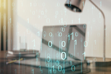 Aufkleber - Creative concept of binary code illustration on modern laptop background. Big data and coding concept. Multiexposure