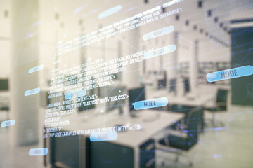 Aufkleber - Abstract virtual coding illustration on a modern furnished classroom background, software development concept. Multiexposure