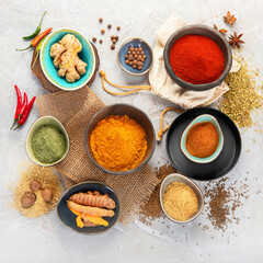 Wall Mural - Assortment of Indian spices on gray background.