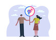 Man and woman together holding sign with Mars and Venus heterosexual symbols. Male and female equal relationship in marriage concept. Equality relation couple in love. Vector eps illustration