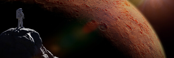 Wall Mural - astronaut watching planet mars from one of the martian moons