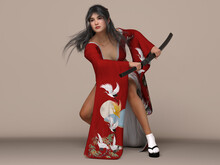 3D Render : A Character Of A Female Fighter With Japanese Style Holding Japanese Katana Blade