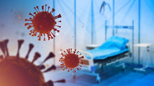 Omicron, Delta and Covid-19 coronavirus mutations. Coronavirus molecules on hospital ward background. Breaking news about Covid-19. Healthcare concept. Mutated coronavirus SARS-CoV-2. 3d image