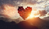 Balloons in heart shape at sunset in mountains. Valentine's day