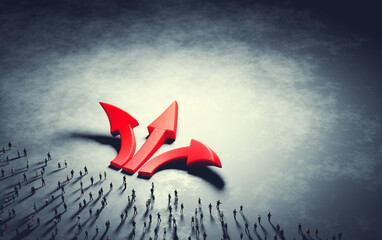 Wall Mural - people make decision and choose. red arrows pointing