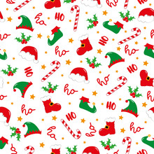Seamless Pattern For Christmas - Ho Ho Ho Saying With Mistletoe, Santa Hat, And Boots, Elf Hat And Shoes, Candy Cane On White Background.
