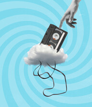 Contemporary Art Collage Of Music Cassette On Fluffy Cloud Isolated Over Blue Hypnotic Background