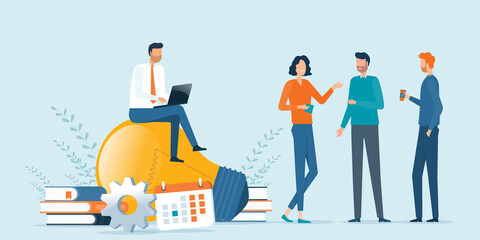 Poster - group business people team men and women brainstorming talking meeting working for marketing planning concept. Flat vector illustration set cartoon character design.