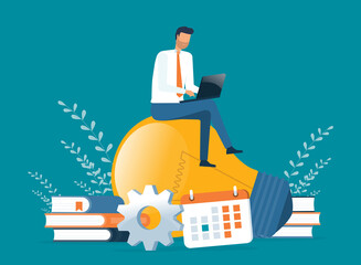 Poster - Flat vector cartoon character design Businessman sitting on lightbulb working with laptop. Creative business design thinking idea concept