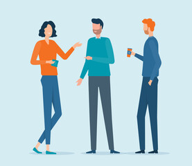 Poster - group business people team men and women brainstorming talking meeting working for marketing planning concept. Flat vector illustration set cartoon character design.