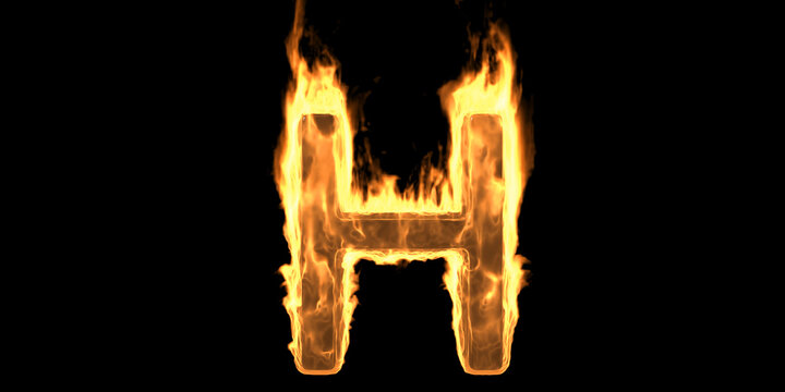 Fire alphabet letter H burning flame. Hot fiery font glowing, black background. 3d illustration