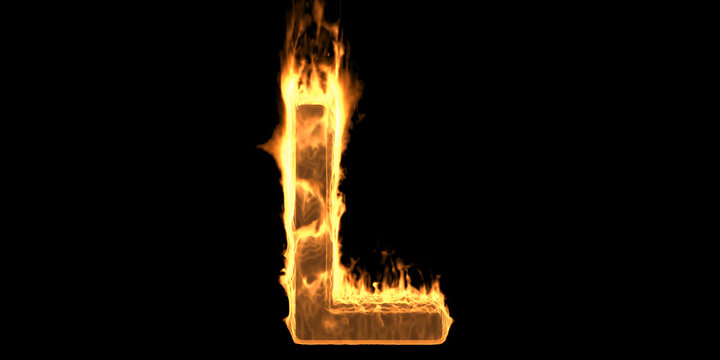 Fire alphabet letter L burning flame. Hot fiery font glowing, black background. 3d illustration