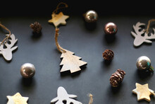 Various Christmas Ornaments On Dark Background. Selective Focus.