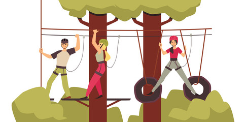 Adventure rope park concept in flat vector illustration isolated on white