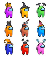 Among Us Halloweens Characters. Game Set Astronauts By Role In Festive Halloween Hats, Amongus Character Cartoon Graphic Designs, Neat Vector Illustration