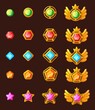 Award game progress. Golden amulets with gem, badge kit, jewelry star, achievement insignia, gold wings medal, square diamond, token crown