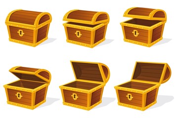 Chest animation. Empty treasure box, open and closed medieval ancient wooden cartoon chests, game old pirate treasures, lock boxes for gold, isolated neat vector icon