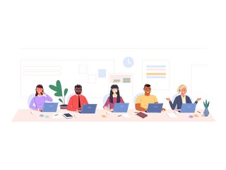 Poster - Hotline center workers. Call centres office, customer service work, workers with headsets telephone, support operator, contact services employee, garish cartoon vector illustration