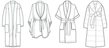 Dressing Gown, Bathrobe Fashion Flat Sketch Vector Illustration Unisex Self Belt Bathrobe Template Isolated Illustration On White Background. CAD Mockup.