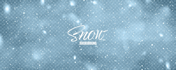 Aufkleber - Realistic falling snow with snowflakes. Blue winter background for Christmas or New Year card. Frost storm effect. Vector illustration.