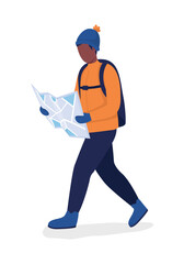 Poster - man with map in orange coat semi flat color vector character. posing figure. full body person on whi