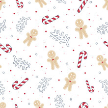 Chirstmas Seamless Pattern With Candy Canes, Gingerbread Man And Brunches. 
Background For Wallpapers, Textiles, Papers, Fabrics, Web Pages. Food Ornament, Vintage Style.