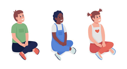 Poster - happy kids sitting semi flat color vector character set. sitting figures. full body people on white.