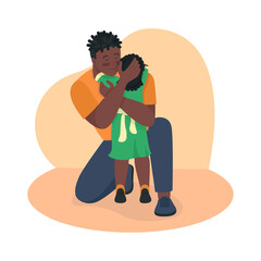 Poster - emotional father and daughter reunion 2d vector isolated illustration. dad cuddling child to calm fl