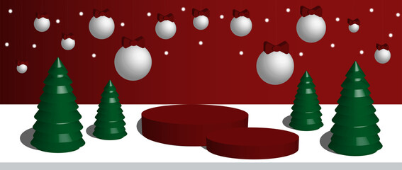 Wall Mural - christmas 3d background. red cylindrical 3d podiums, on red christmas background, with christmas 3d 