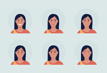 Woman With Different Emotions Semi Flat Color Vector Character Avatar Set. Portrait From Front View. Isolated Modern Cartoon Style Illustration For Graphic Design And Animation Pack