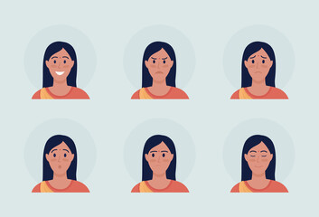 Poster - Woman with different emotions semi flat color vector character avatar set. Portrait from front view. Isolated modern cartoon style illustration for graphic design and animation pack