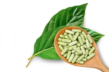 Kratom leaves (Mitragyna speciosa) with kratom powder capsule isolated on white background. Top view. Flat lay.