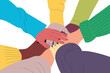 © Dumitru - People with hands piled together. Multicultural friends of different colors and ethnicities cooperating. Living together in unity concept vector.
