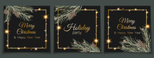 A New Set Of Christmas Party Invitations With Silver Letters And Lettering On A Dark Background.With The Image Of Fir Branches With Cones And Bright Lights Of A Garland.For Printing,instagram Post