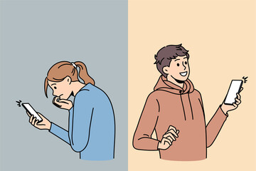 People using smartphones get bad and good messages on social media. Happy and sad man and woman with cellphone feel emotional with notifications or text. Addiction, technology. Vector illustration. 
